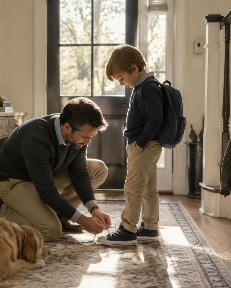 A father kneeling to tie his young son's shoes in warm morning light