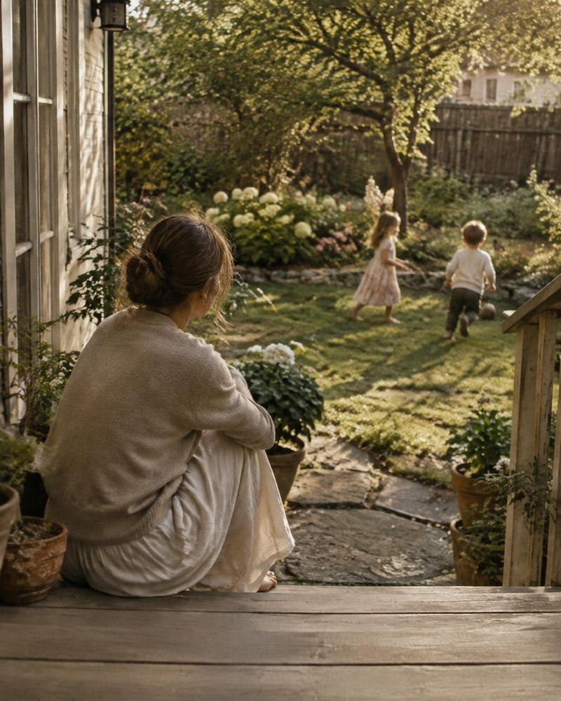 A mother quietly watching her children play from the doorway in warm afternoon light